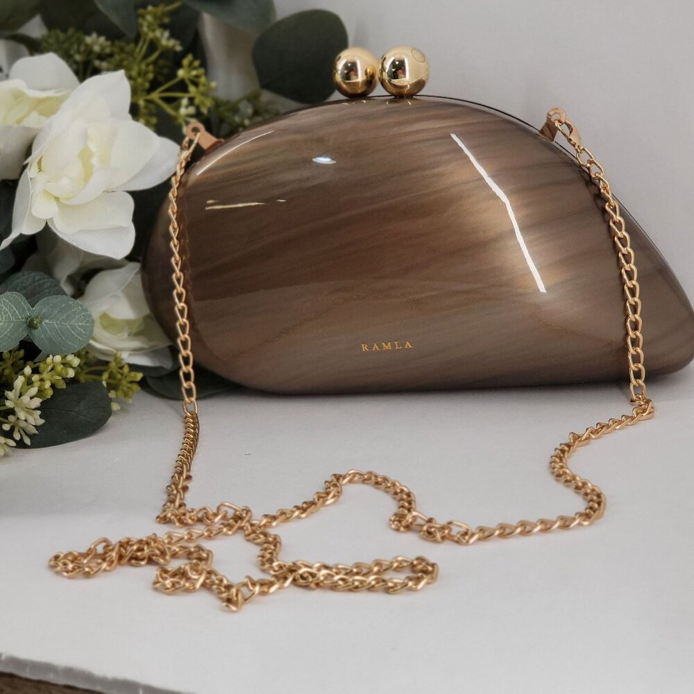 RAMLA! Elegant Brown Acrylic Clutch Purse With Gold Chain Strap & Ball Clasp $29
